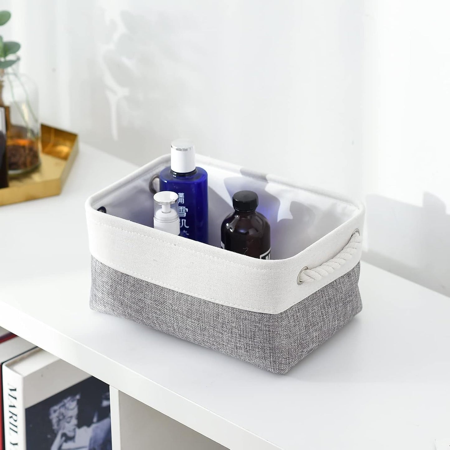 TheWarmHome Organization and Storage Basket for Shelves - 12x8x5.2 inch 1 Pack Fabric Storage Cubes, Collapsible Storage Bins for Closet Organizer Gift Cloth Toy (White & Grey)