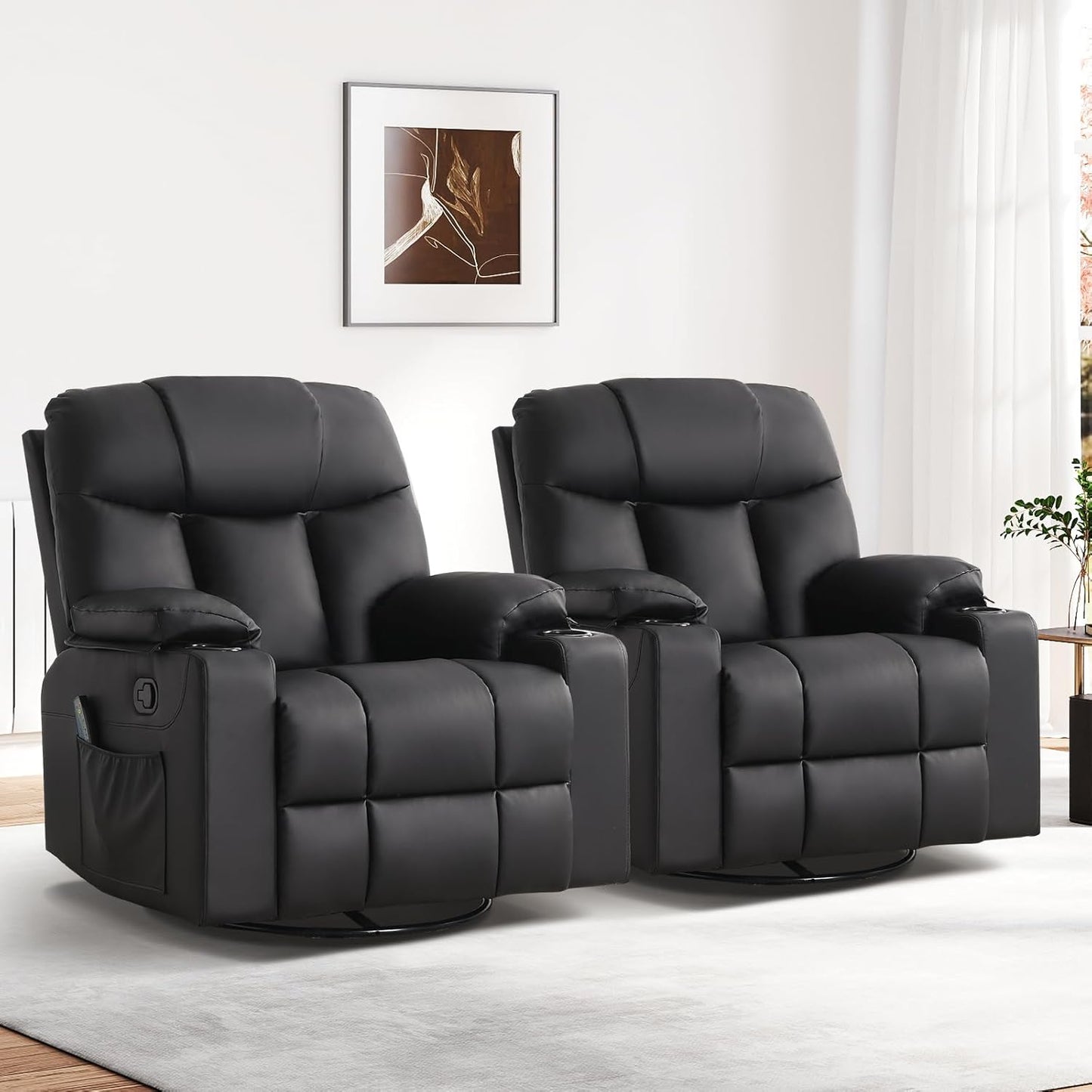 ANJ Swivel Rocker Recliner Chair Set of 2, Brown PU Leather, Manual 3-Position Reclining with Massage & Heat, Cup Holders for Living Room