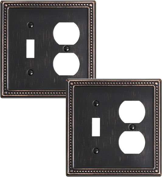 2-Pack Combo Toggle/Duplex Light Switch Cover Plate, Aged Bronze Metal Wall Outlet Cover Plate, Decorative Classic Beaded Wall Socket Receptacle Cover for Electrical Outlets, Light Switch