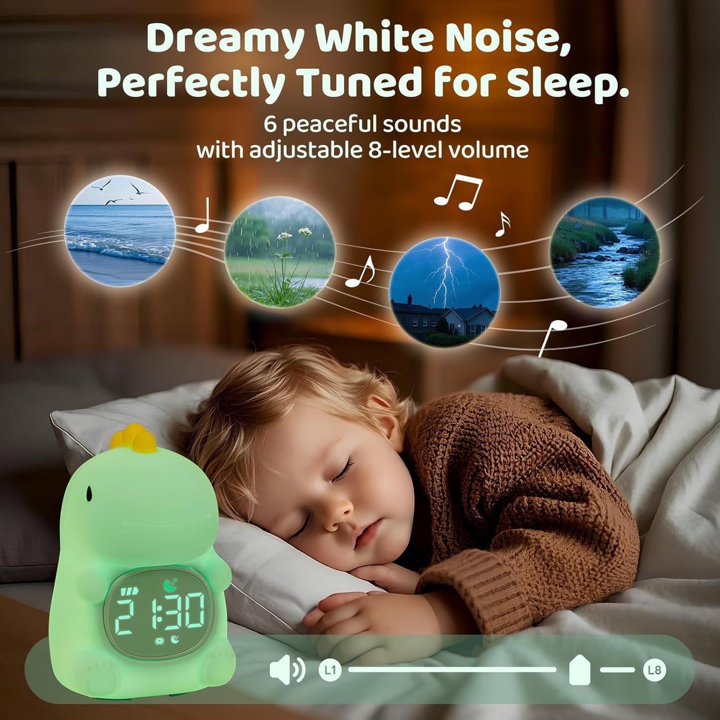 Dinosaurs Alarm Clock with Night Light for Kids with Sleep Training and Sound Machine, Rechargeable Silicone Lamp OK to Wake Clock，Cute Animal Tabletop Lamp, Perfect Sleep Companion for Boys Girls
