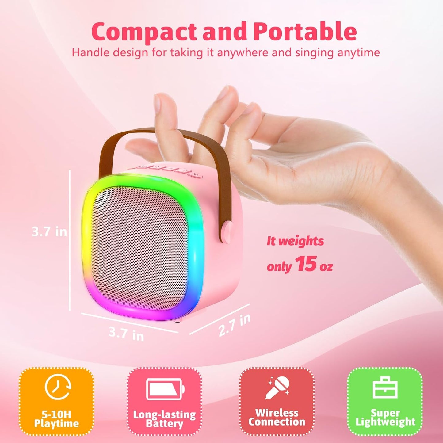 Karaoke Machine for Kids Adults, Portable Bluetooth Speaker with 2 Wireless Microphones and LED Lights, Kids Toys Birthday Gifts for Girls Boys Ages 4, 5, 6, 7, 8,9,10,11,12+ Years