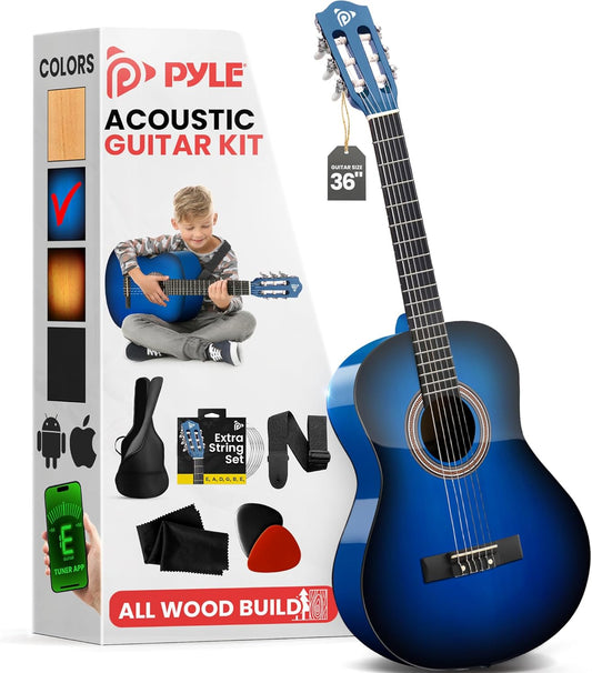 Pyle Beginner Acoustic Guitar Kit, 3/4 Junior Size All Wood Build Nylon String Instrument with Capo, Gig Bag, Strap, Extra String Set, Guitars for Beginners Adults and Youth, 36" Blue Burst Gloss