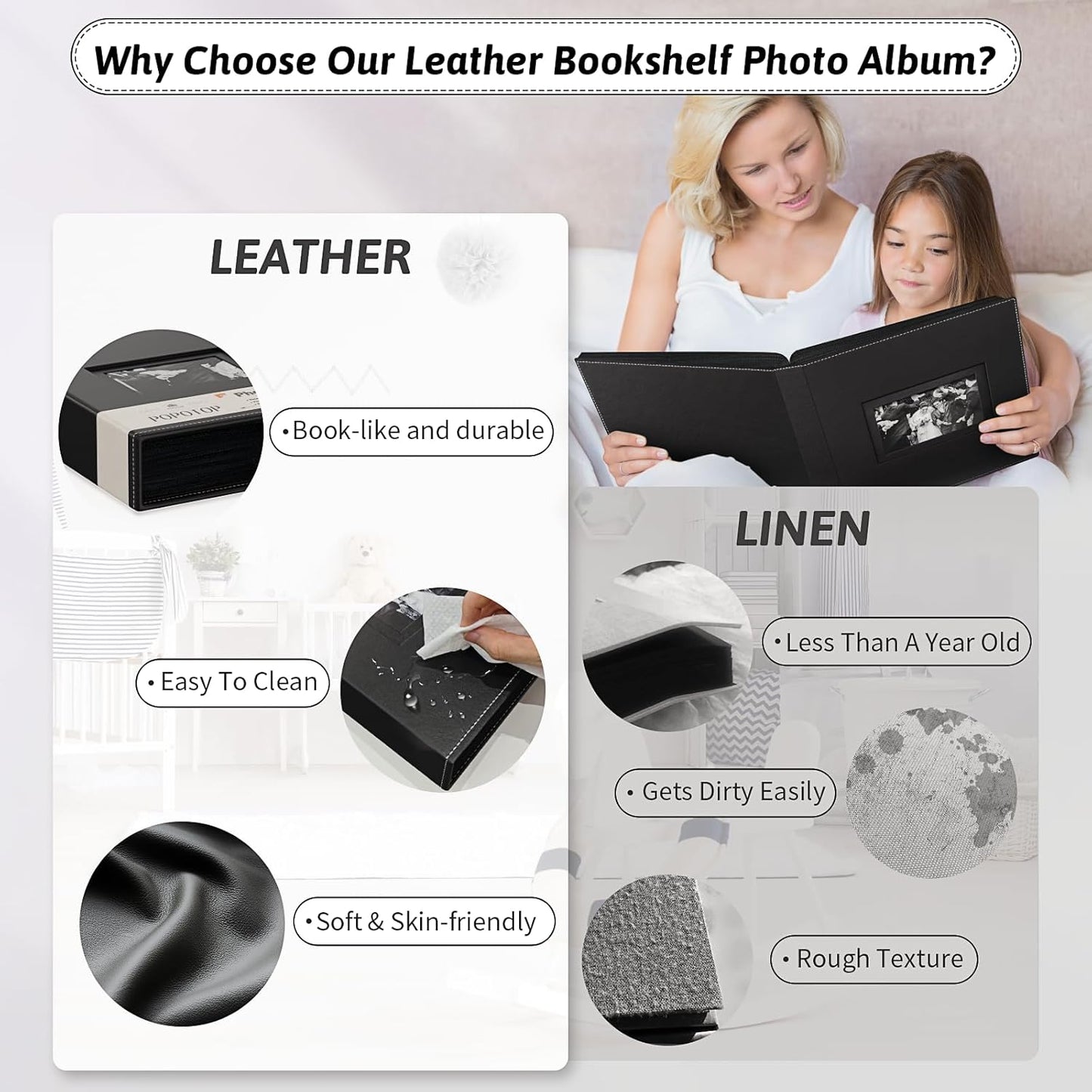 Popotop Photo Album 4x6 300 Pockets with Leather Hardcover Cover, Small Photo Album Holder Book with 50Pcs Pages for Family Travel Wedding Baby Gifts