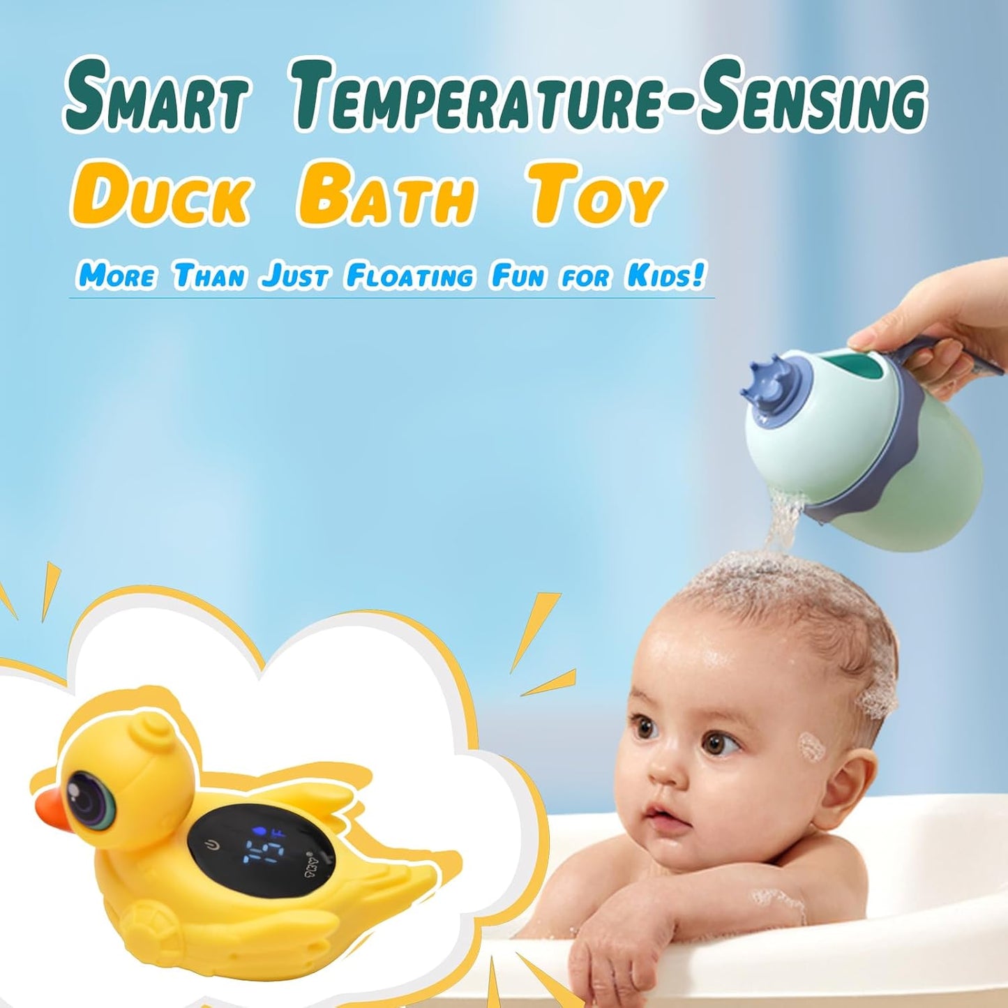 TKY Big-Eye Duck Baby Bath Thermometer - Digital Water & Room Temp Monitor with LED Alerts, Floating Bath Safety Essential for Newborns, Infants, Toddlers (Rechargeable, IP67 Waterproof)