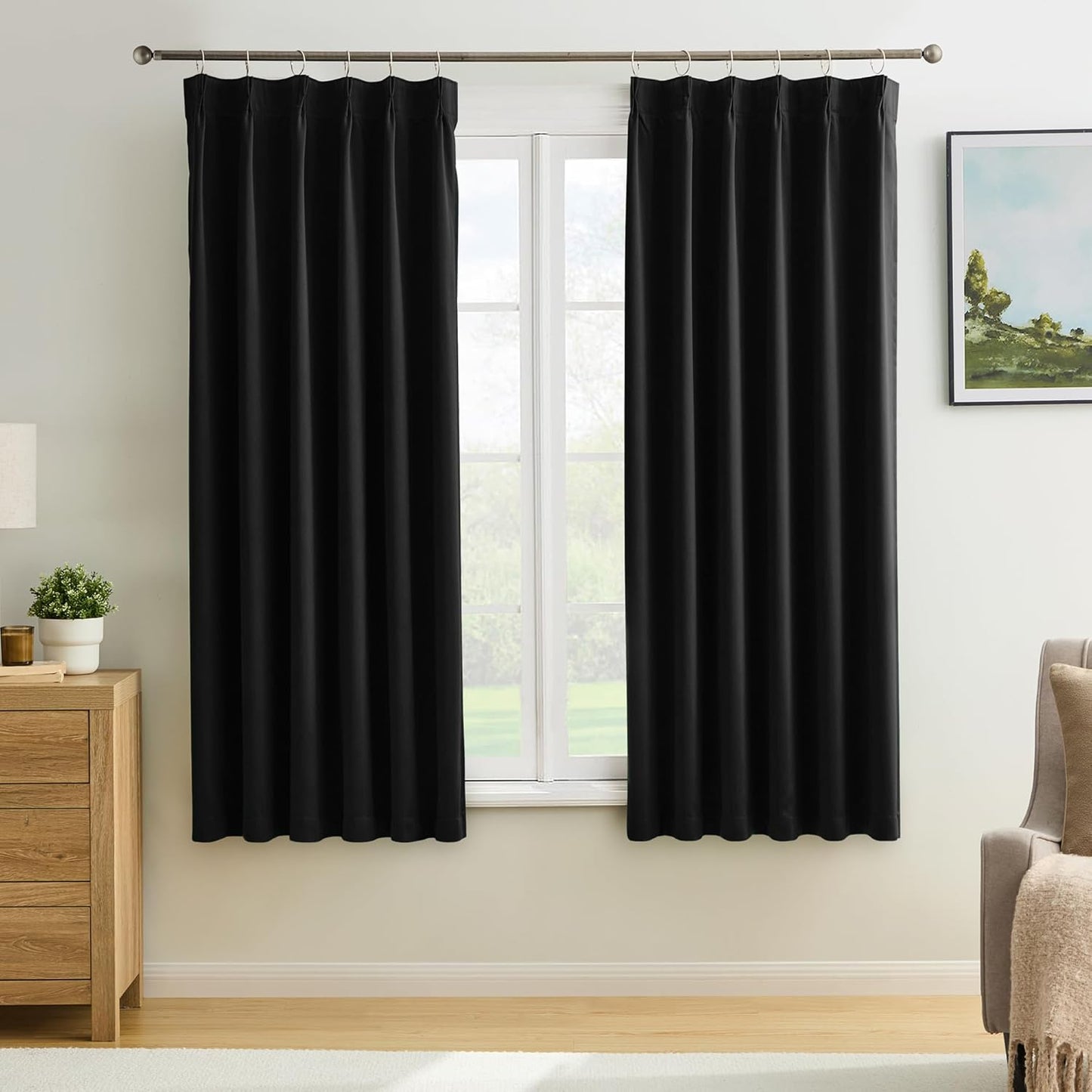 KEQIAOSUOCAI Short Pinch Pleated Blackout Curtains 45 Inch Long 2 Panels for Bedroom Thermal Insulated Black Out Window Curtain Pinched Pleat Drape with Hooks (W40 x L45 Inch, Black)