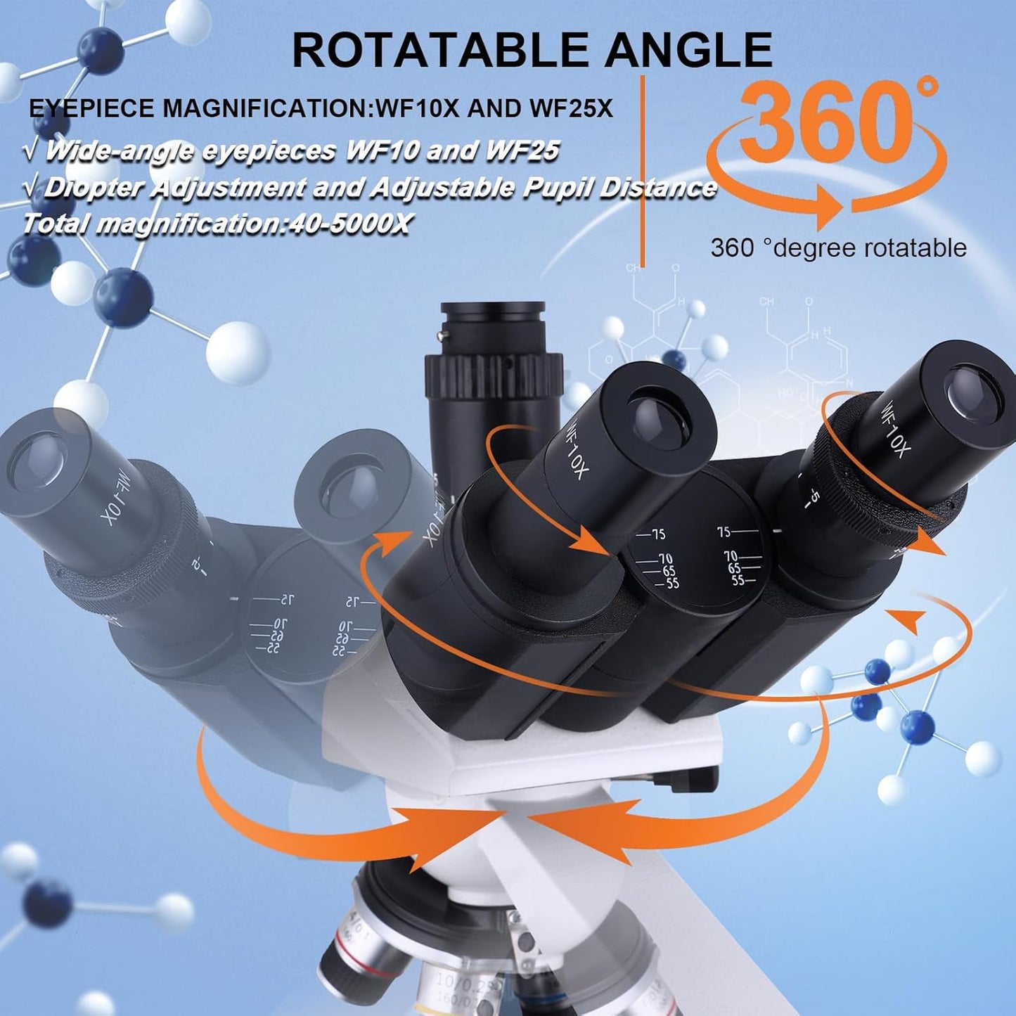 Compound Trinocular Microscope 40X-5000X Magnification, Research Grade Professional Microscope, Two Levels of Mechanical Stage LED Illumination, USB Video Camera with Microscope for Adults