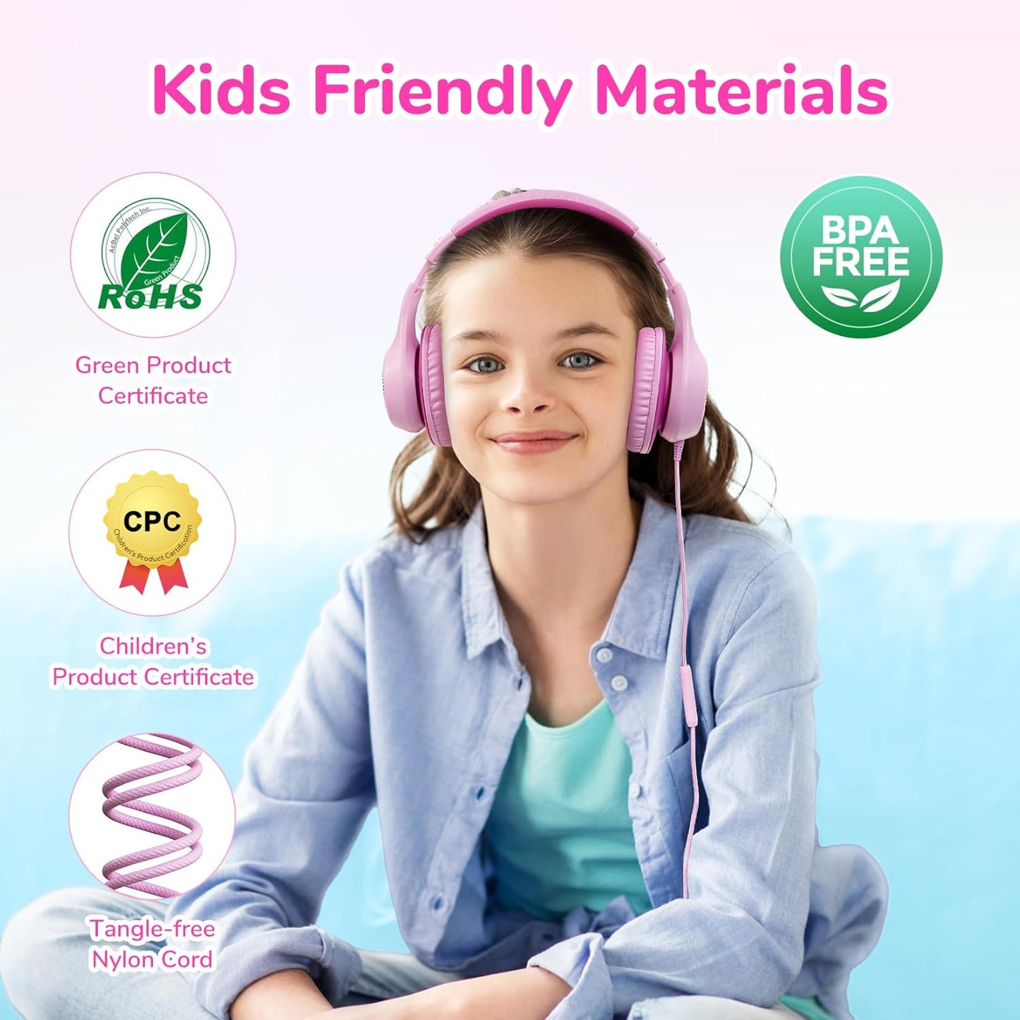 EarFun K3 Kids Headphones, Over Ear Headphones with Microphones, 85/94dB Safe Volume Limit, HD Stereo Sound, 3.5mm Jack, Foldable Wired Headphones for School/Travel/Boys/Girls/Tablet/iPad, Pink