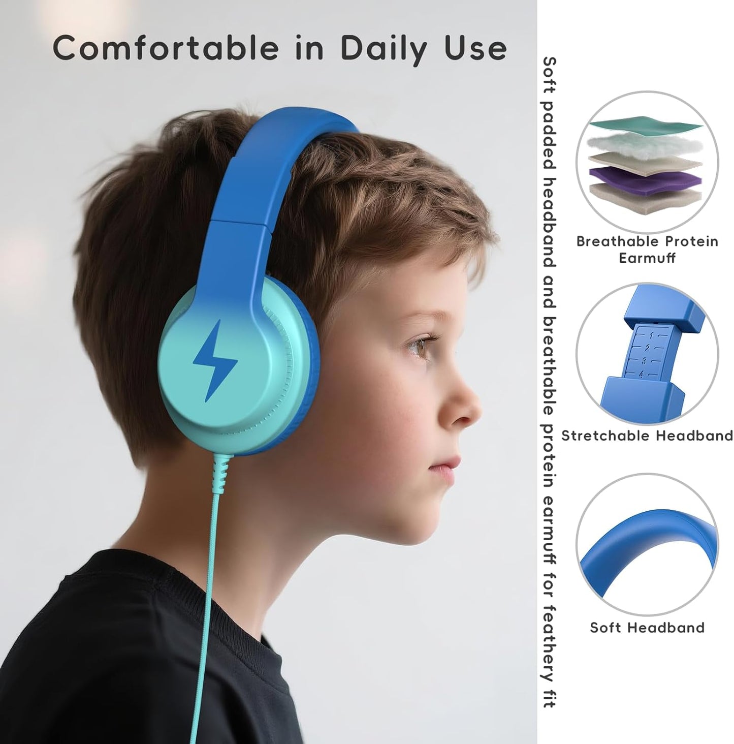 Kids Headphones, Wired Headphones for Kids with Microphone, 85/94dB Volume Limiter Headphone for Girls Boys, Foldable Headphone for Online Study, Gradient Blue