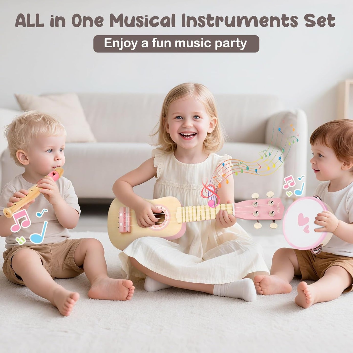 Kids Guitar Set for Girls - Toys for 2 3 4 Year Old Girl Birthday Gifts - 7 in 1 Wooden Montessori Musical Instruments with Ukulele/Tambourine/Maracas/Flute for Toddler 2-5(Pink)