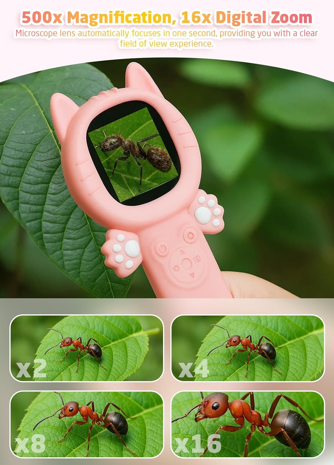 2-in-1 Microscope Camera for Kids, Mini Handheld Microscope Supporting Multiple Viewing Angles, Outdoor Educational Science Adventure Toys, Birthday Gifts for 3-10 Years Old Girls, Pink Cat