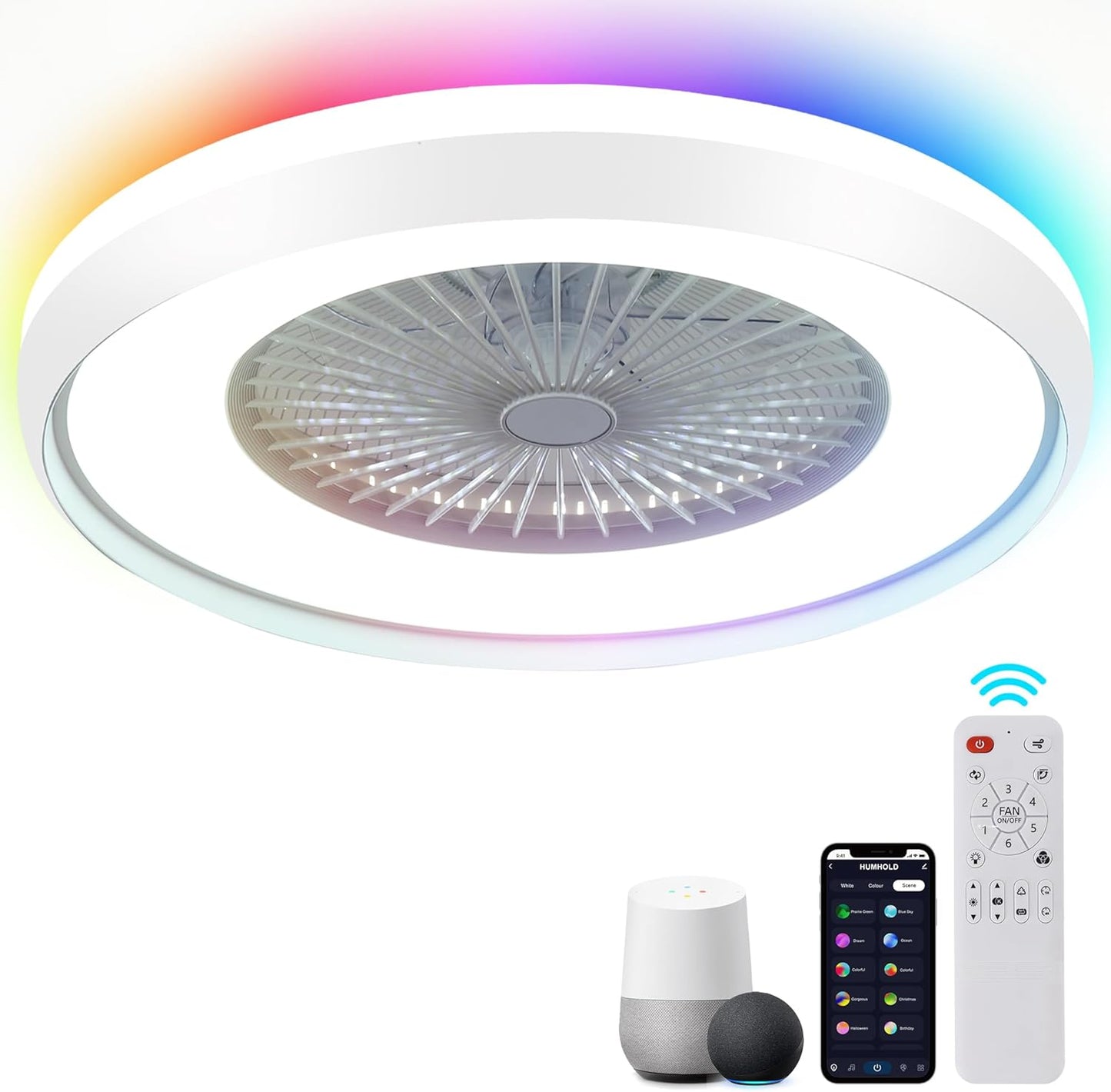 24" Bladeless Ceiling Fan with RGB Light Remote, Smart LED Ceiling Fans with Voice/App Control, Modern Low Profile Dimmable Light Ceiling Fan for Bedroom Living Room