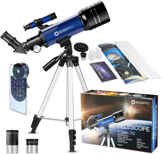 Telescope for Kids & Adults Beginners, 70mm Astronomy Refractor Telescope with Adjustable Tripod, Portable Telescope for Moon & Planet Viewing, Includes 2 Eyepieces & Finder Scope
