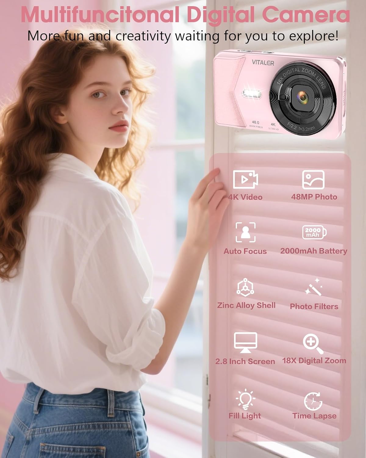 Digital Camera, Autofocus 48MP 4K Camera for Photography with 32GB Card, Portable Compact Point and Shoot Digital Camera for Teens Adult Beginner Kids with Metal Shell, 2000 mAh Battery