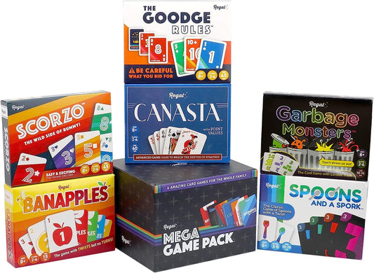 Regal Games Fun Card Games Set for Adults - Canasta, Spoons and a Spork, Garbage Monsters, ScorZo, The Goodge Rules, and Banapples Decks - Fun & Travel Playing Cards for Family Game Night