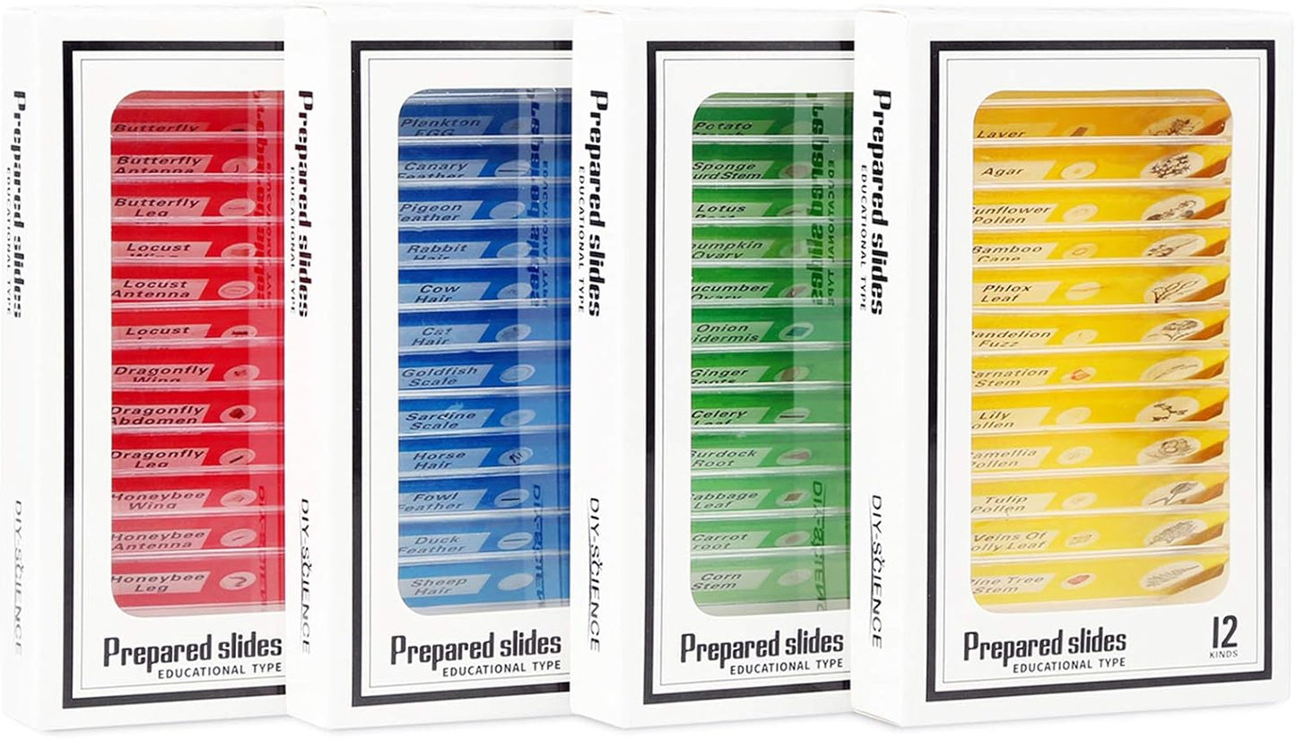 48 Prepared Microscope Slides Set of Animals Insects Plants Flowers, Biological Learning Resource Specimens for Kids Beginner Classroom Basic Science Education