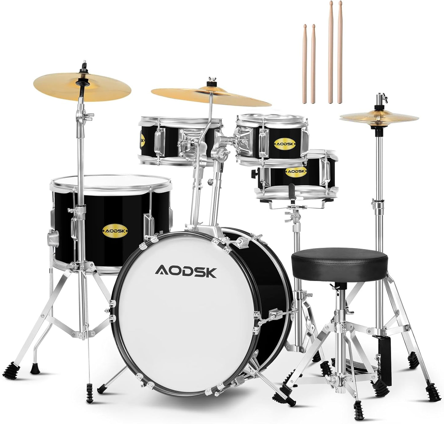 AODSK Kid Drum Sets 5-Piece for Beginners, 14 inch Full Size Complete Drum Kit with Adjustable Throne, Cymbal, Hi-Hat, Pedal & Drumstick, Black