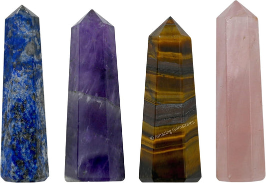 Amazing Gemstone Set of 4 Lapis Lazuli, Tiger Eye, Amethyst, Rose Quartz Crystal Towers - Natural Healing Crystal Point Obelisk for Reiki Healing and Crystal Grid (2 Inch to 3 Inch)