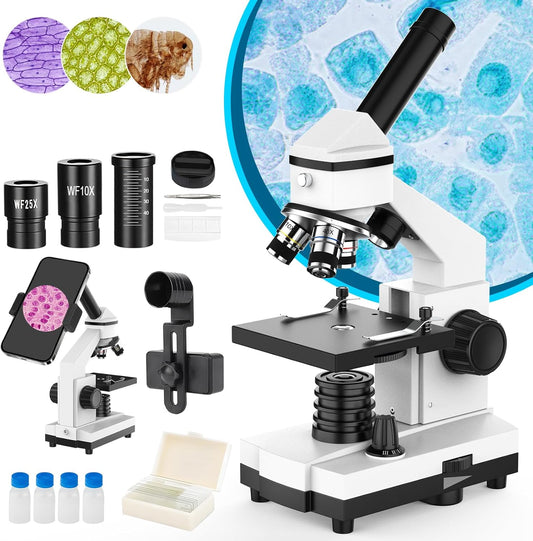 Microscope for Adults and Kids - 40X-2000X Monocular Microscopes with Slides Set, Dual Led Light, Phone Adapter, Professional Biological Optical Microscopes for Students School Home Education