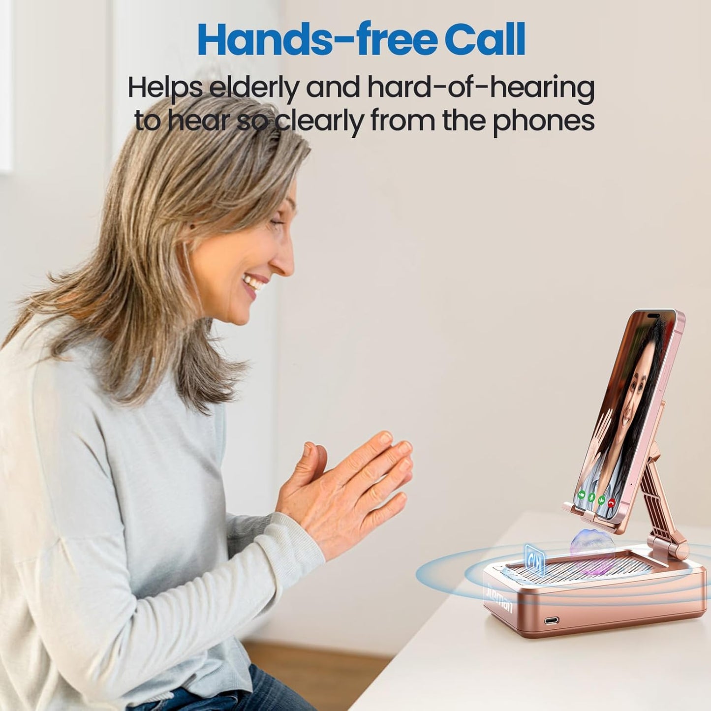 Jteman Portable Phone Stand with Speaker Bluetooth Wireless, Gifts for Women, Birthday Gift, Kitchen Gadget, Phone Holder for Desk - Rose Gold