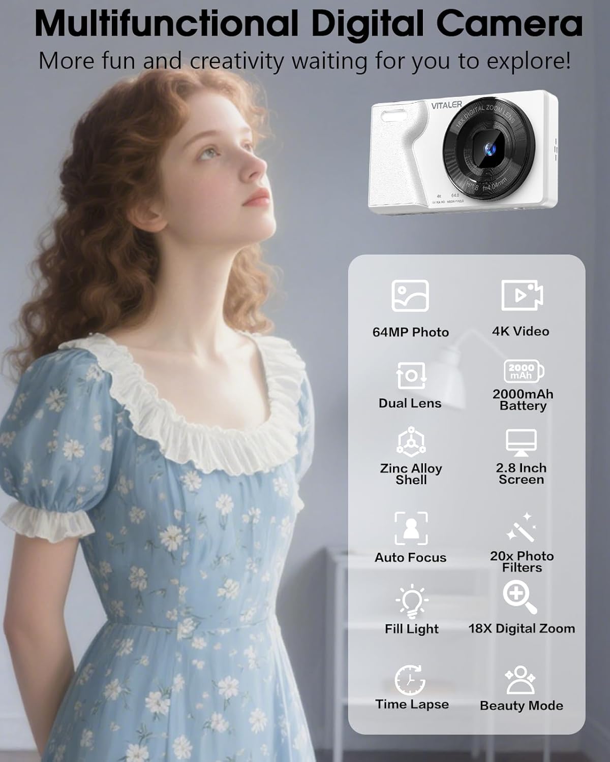 Digital Camera with Front Rear Lens, Autofocus 64MP 4K Camera for Photography with 32GB Card, Portable Compact Point and Shoot Camera for Teens Adult Beginner with Metal Shell, 2000mAh Battery