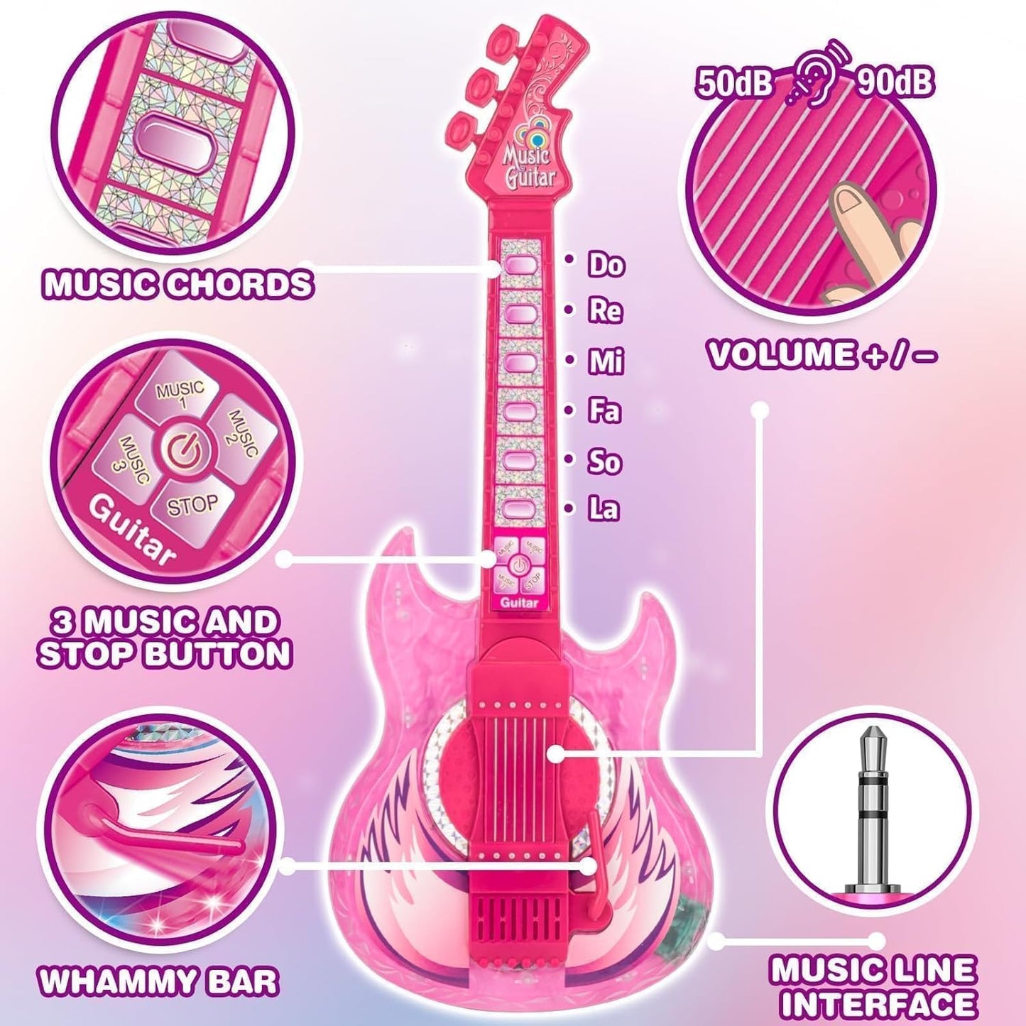 Kids Guitar and Microphone Set, Microphone with Stand and Color Light, Toy Guitar with Strap and Adjustable Volume, Toddler Musical Instrument for 5-9, Kids Karaoke Machine for Boy Girls (Pink)