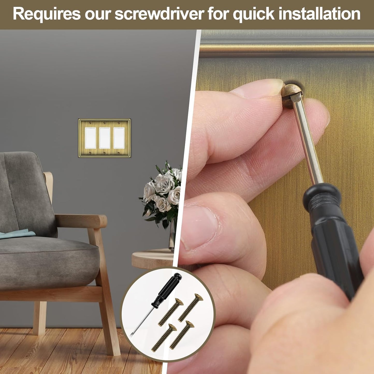 2 Pack Triple Decorator Switch Covers Wall Plate, Antique Brass Metal Material Rocker Switch Plates, 3 Gang Wall Plate for Receptacle, GFCI Outlet, Dimmer Switch - Classic Style