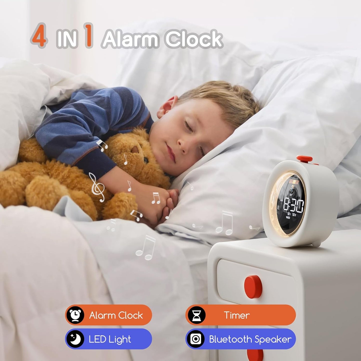 4-in-1 Digital Alarm Clock for Bedrooms, Portable Bluetooth Speaker with Night Light, Snooze & 0-200 Min Timer for Desk, Living Room, Office, Kitchen, Dual Alarm Clock for Heavy Sleepers, Baby, Kids