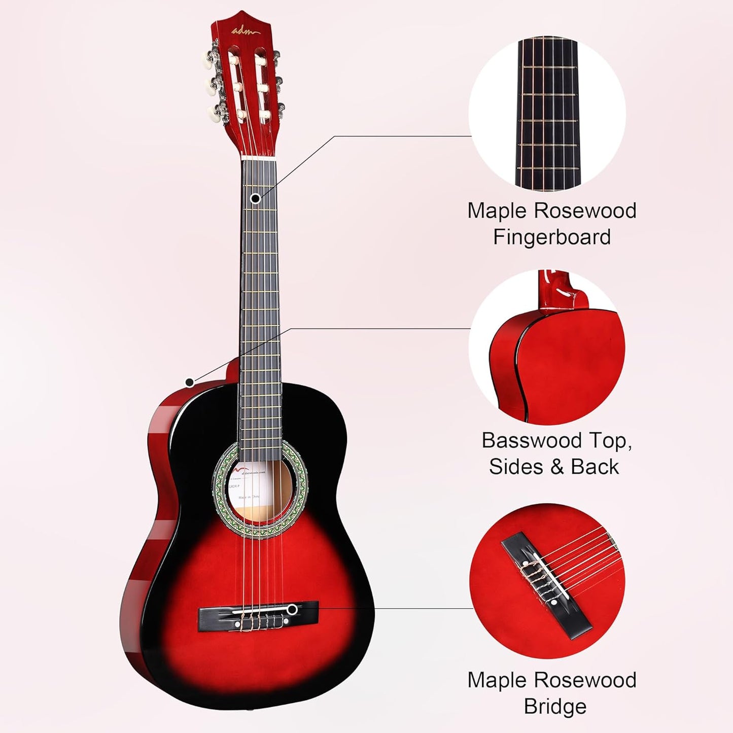 ADM Beginner Acoustic Classical Guitar Nylon Strings Wooden Guitar Bundle Kit for Kid Boy Girl Student Youth Guitarra Online Lessons with Gig Bag, Strap, Tuner, Strings, Picks (34 Inch, Redburst)