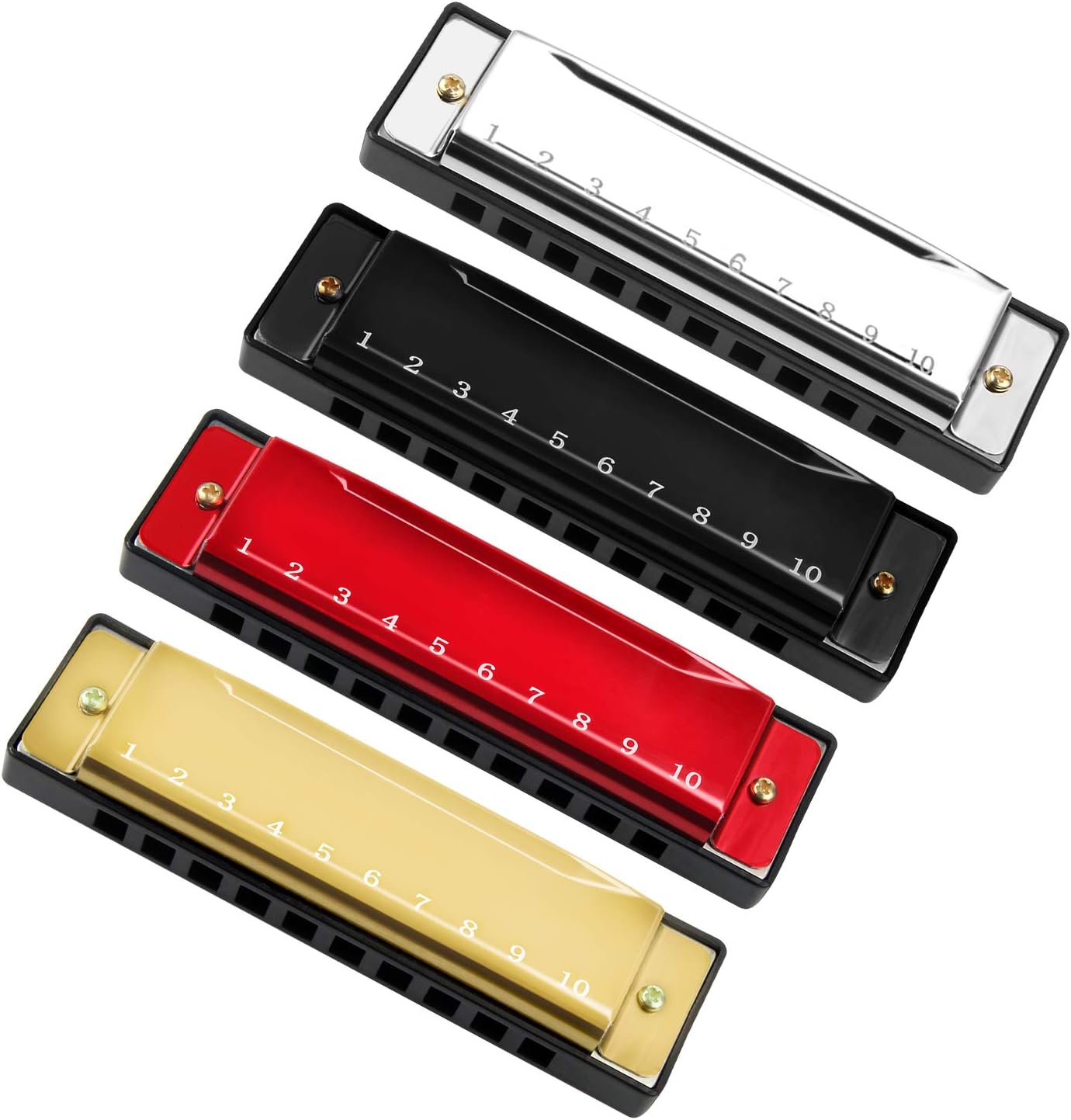 UPINS 4PCS Key of C 10 Hole 10 Tones Titanium Color Harmonica with Case for Beginner(Gold, Silvery, Black, Red)