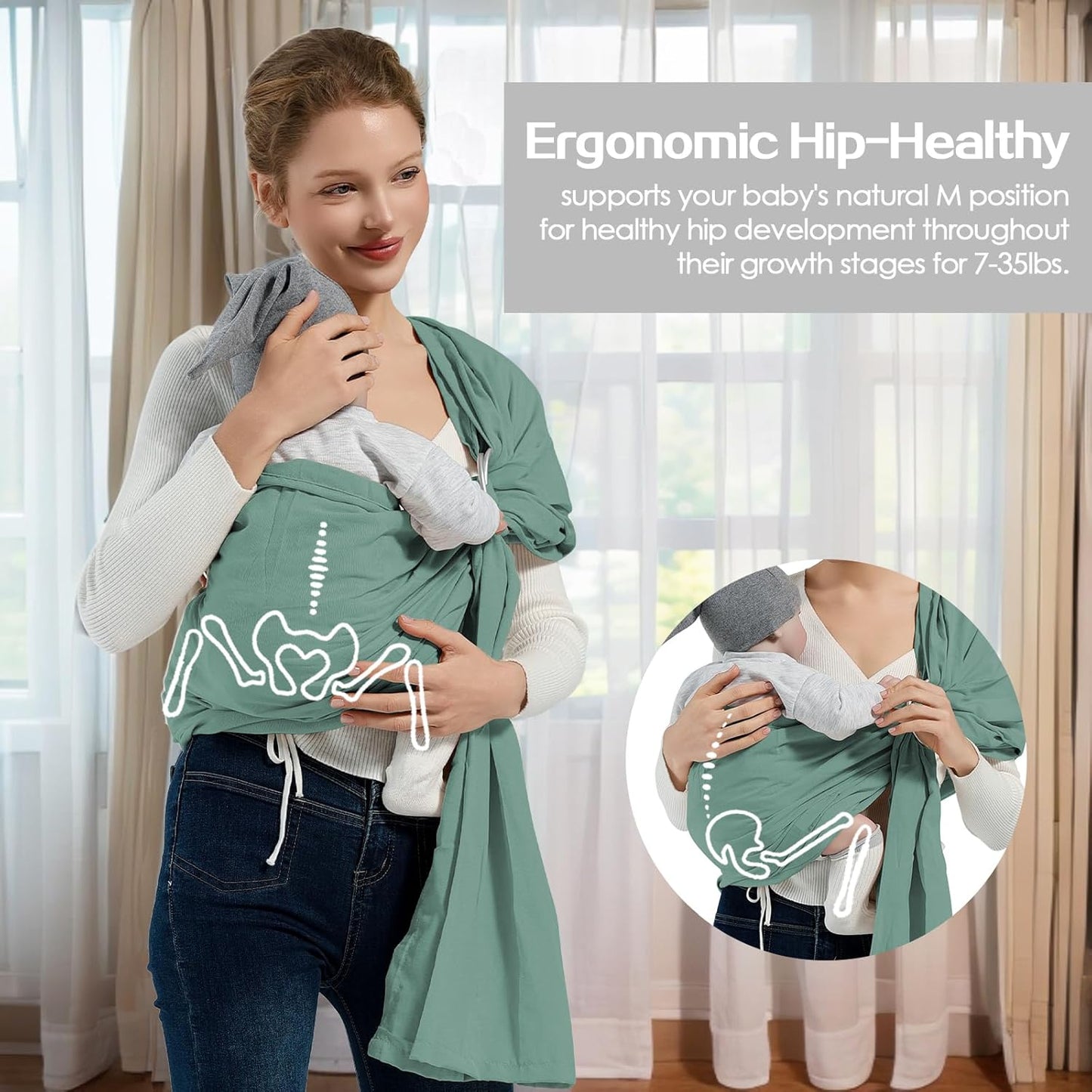 Baby Wrap Ring Sling 7-35 lbs, Baby Sling Carrier for Newborn, Toddler, Infant Holder, Lightweight Baby Carrier Wraps, Green