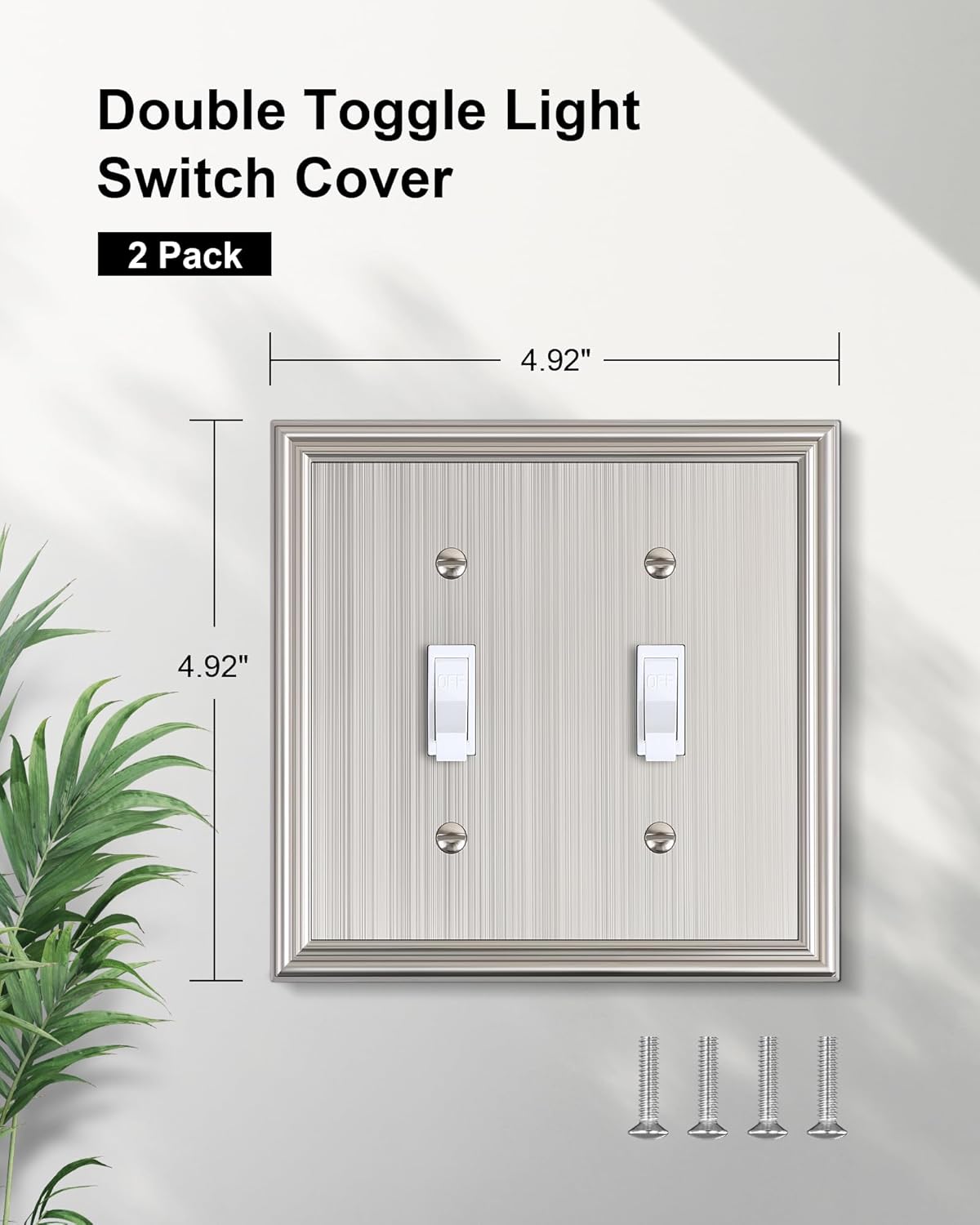2-Pack Double Toggle Light Switch Cover Plate, Durable Solid Zinc Alloy Decorative Dual Switch Plate Covers, Brushed Nickel 2 Gang Wall Plate, Corrosion Resistant