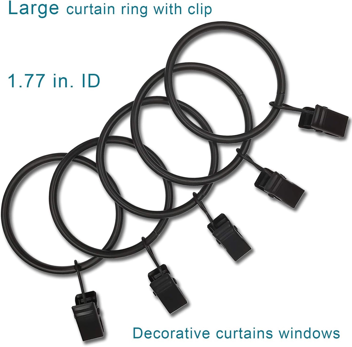 20 Pack Black Curtain Rings with Clips, Curtain Hooks Hangers Clip Rings for Hanging Drapes Bows Hat, Drapery Rings 1.77 in I D, Fits up to 1.5 in Diameter Curtain Rod.