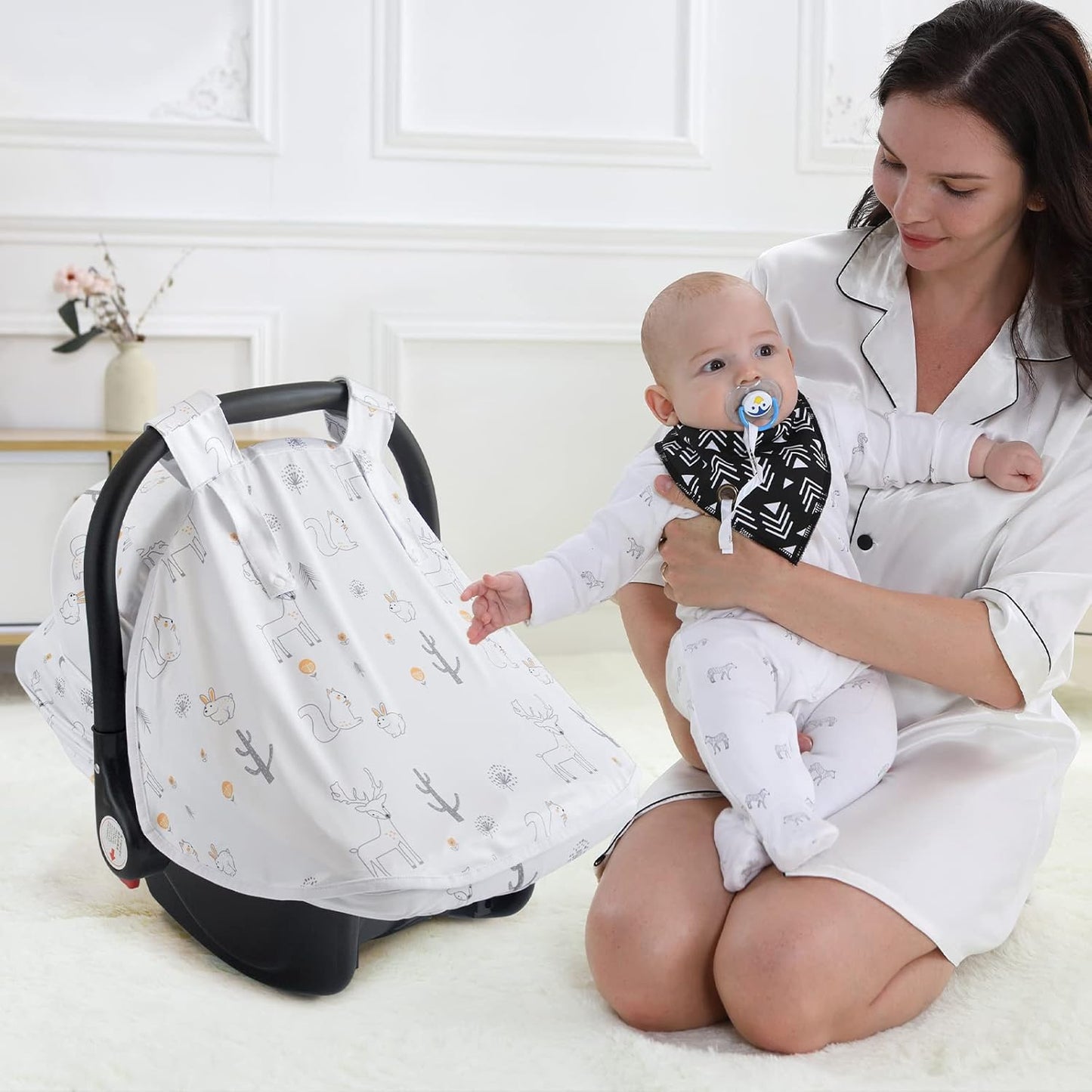 Baby Car Seat Cover, Soft Sun Shade Cover, Breathable Comfortable Privacy Carseat Canopy Protect for Newborn Infant Boys Girls (Animals)