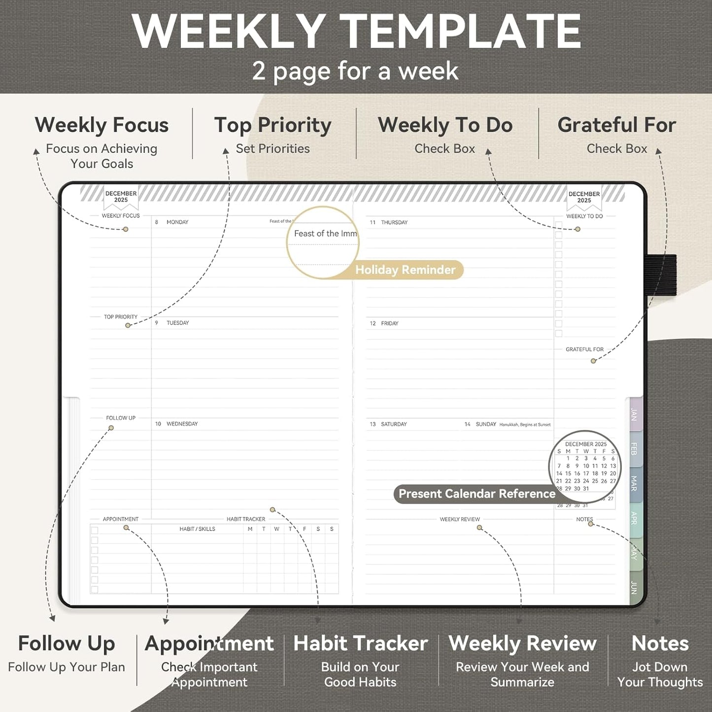 Getink Linen Cover 2025-2026 Planner Weekly & Monthly Daily Agenda Book,2025-2026 To Do List Notebook with Colorful Monthly Tabs, Inner Pocket, Elastic Closure (Black, 7.3 * 10)