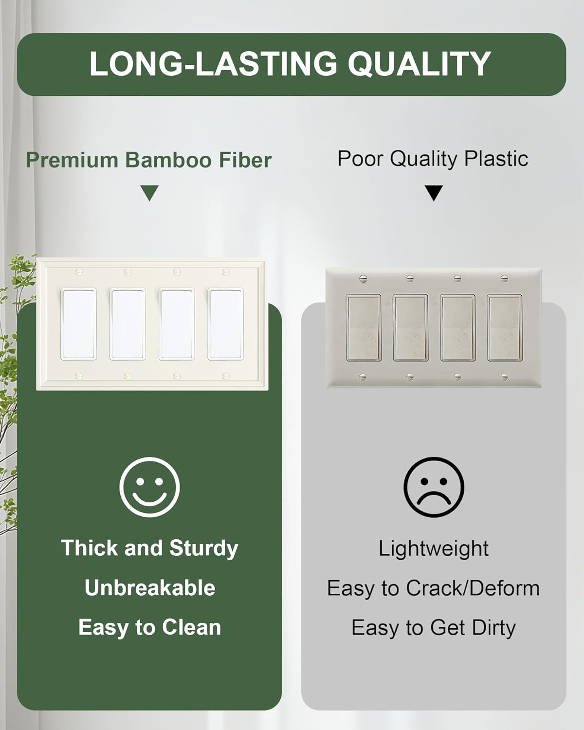 2-Pack Quad Decorator Outlet Cover Plate, Light Almond Modern Decorative Switch Plates and Outlet Covers, Natural Bamboo Fiber Wall Plates for Electrical Outlets