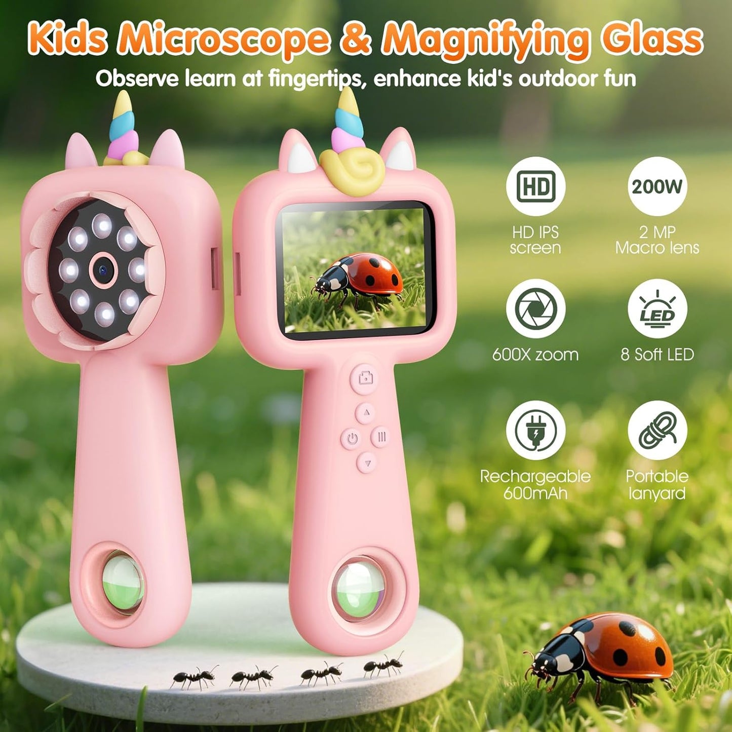 600X Portable Kids Microscope 2.4" Mini Handheld Digital Microscope for Kids - STEM Educational Science Kit Toys for Christmas Birthday Gifts Toys for 3 4 5 6 7 8 9 10 11 12 13 Year Old Girls