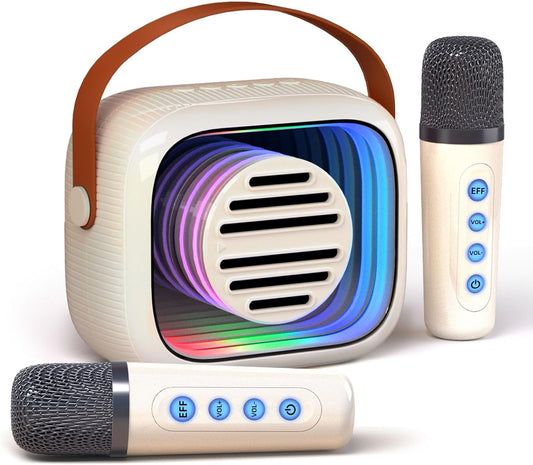 YF93 Mini Karaoke Machine for Kids with Bluetooth Speaker, 7 Voice-Changing Modes, Dual Microphones, Colorful LED Lights, TF Card Support, Portable Singing Gift for Children and Parties(Beige)