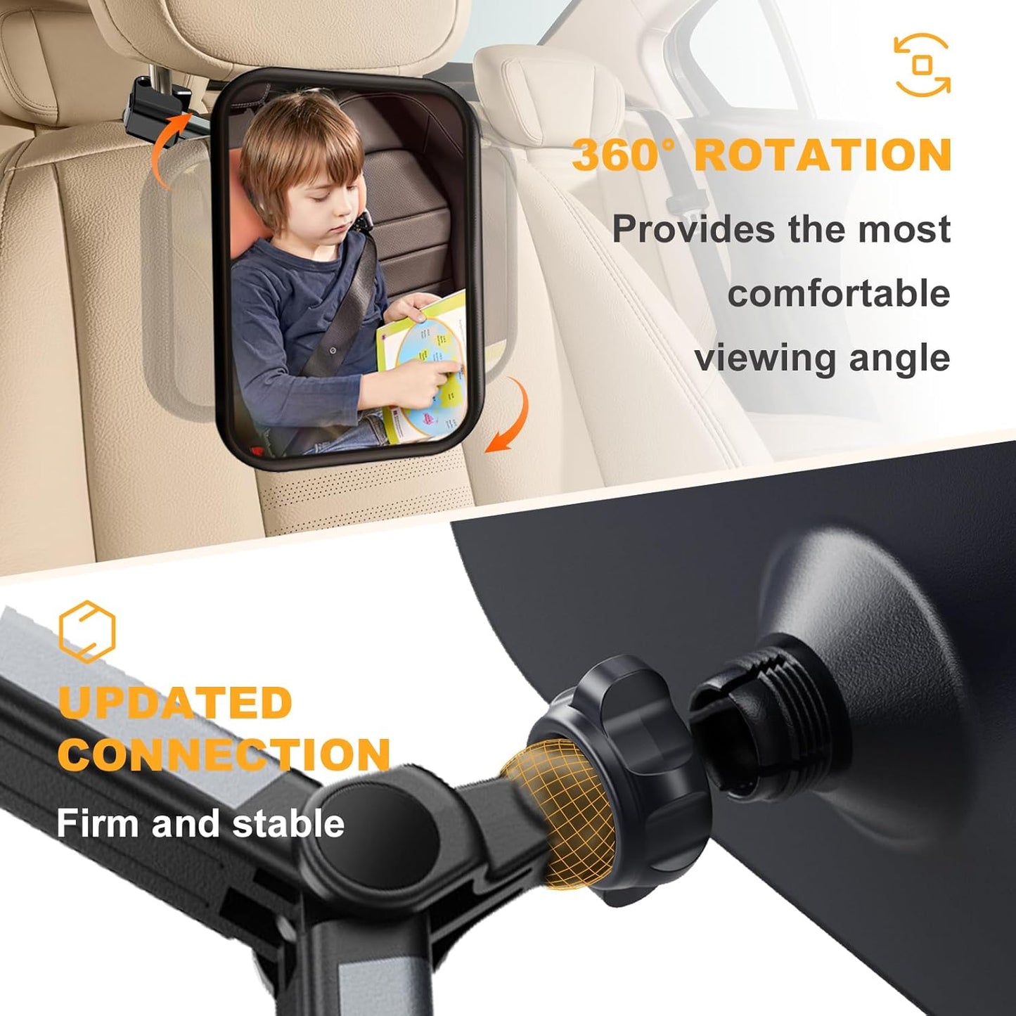 Baby Car Mirror for Rear Facing Seat - Clear View, Upgraded Hook Clip Design, 360 Rotation, Wide Crystal View, Shatterproof Crash Tested and Certified