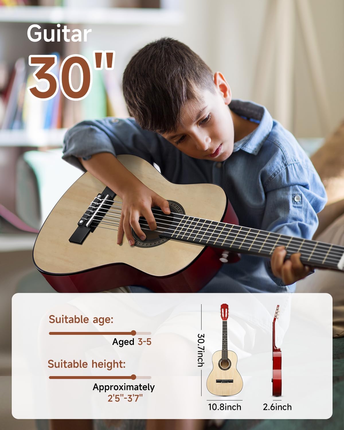 Moukey 30" Acoustic Guitar for Beginners Kids Youth 1/4 Size Dreadnought Guitarra Acustica Kit with Chord Poster, Gig Bag, Tuner, Picks, Nylon Strings, Capo, Strap - Natural