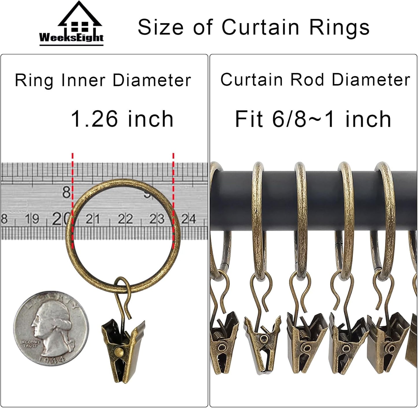 40 Pack Bronze Curtain Rings with Clips, Curtain Hooks Hangers Clip Rings for Hanging Drapes Bows Hat, Drapery Rings 1.26 in I D, Fits up to 1 in Diameter Curtain Rod.