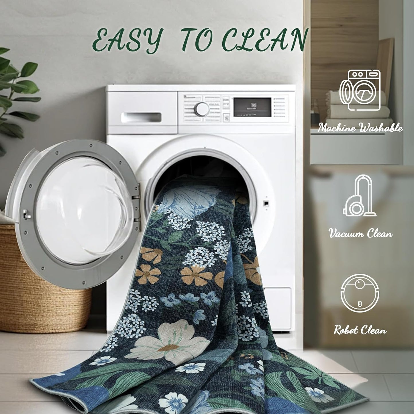 9x12 Area Rug for Living Room: Vintage Floral Washable Rug Soft Boho Non Slip Carpet Large Indoor Floor Non Shedding Low Pile Thin Carpets for Bedroom Dining Room Farmhouse Nursery Home Office Blue