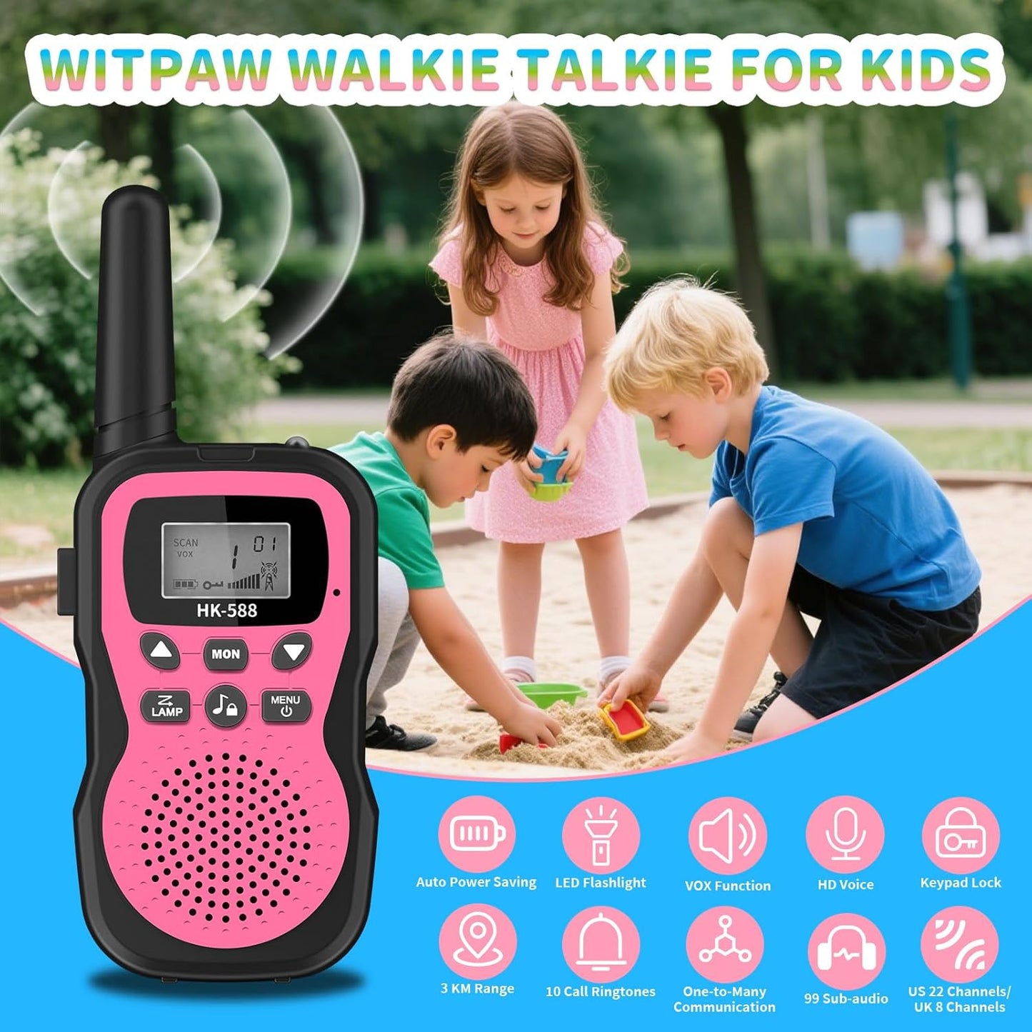 3 Pcs Walkie Talkies for Kids Rechargeable 3 KM Handheld Walkie Talkies Long Range 22 Channel 2 Way Radio Birthday Party Gifts for 3-12 Years Old Girls Boys Outside Adventure Camping Hiking