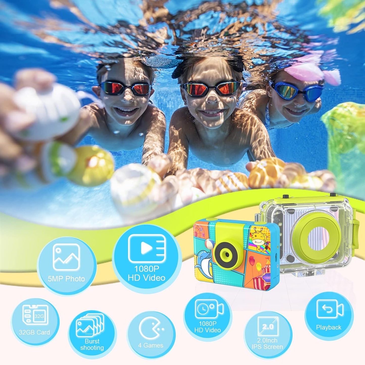 Kids Digital Camera Waterproof,CHAKEYAKE 1080P Video Kids Underwater Selfie Camera,Children Sports Camera for Birthday Gifts Toys for Boys Age 3-12