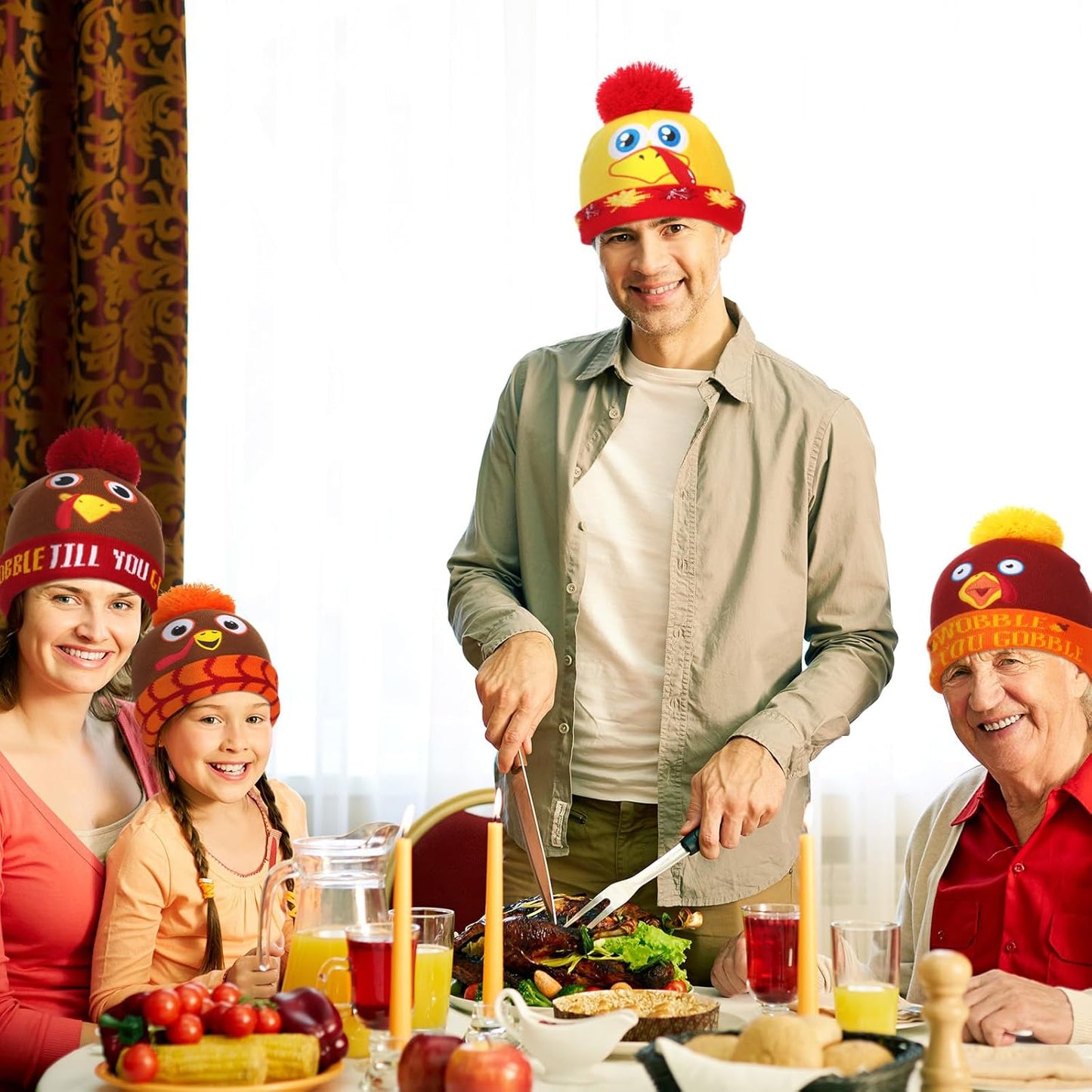 4 Pcs Turkey Pom Pom Beanie Hat Thanksgiving Funny Beanie Turkey Hat Turkey Knitted Cap for Kids Baby Adults Men Women Dress up Costume Running Winter Cosplay