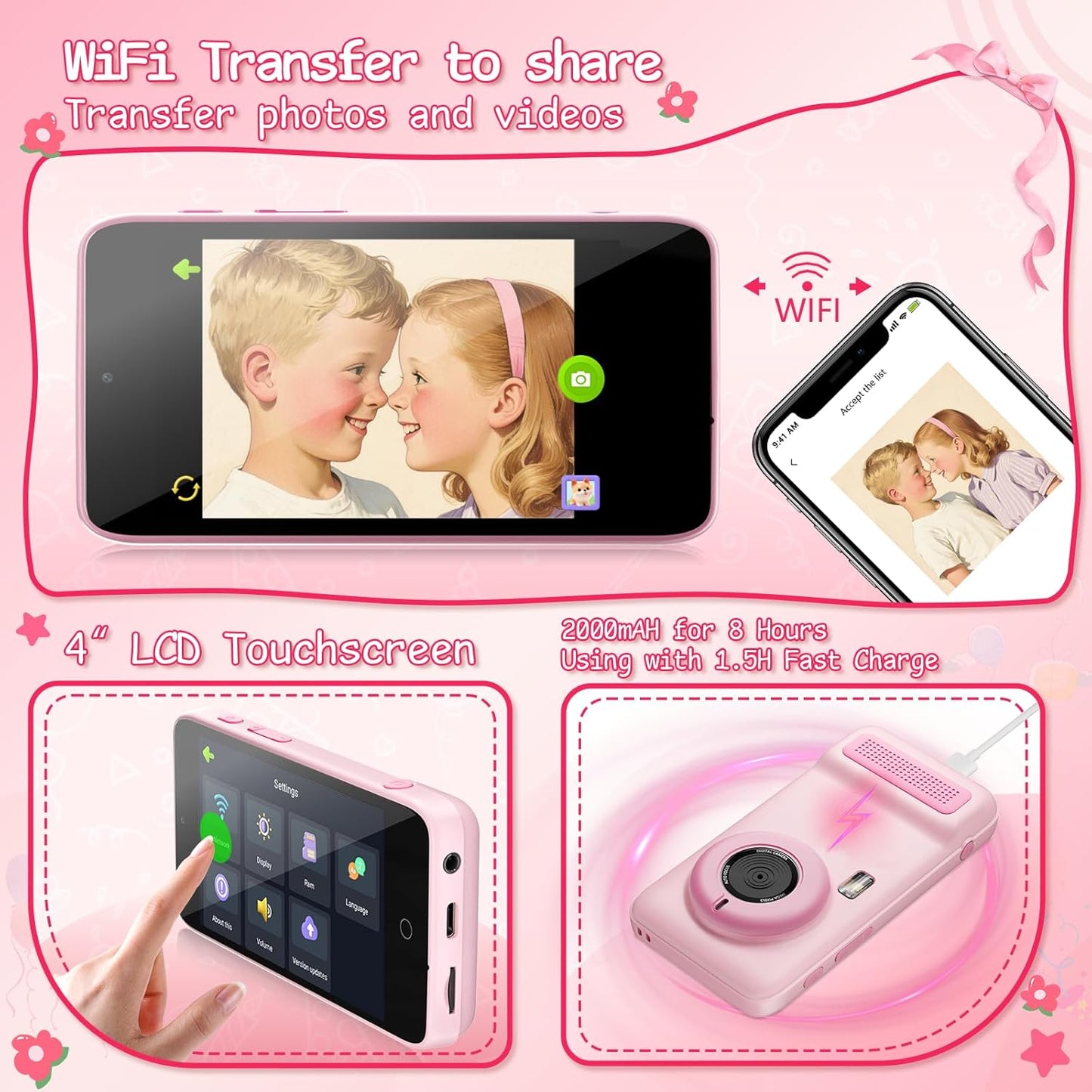 AI Digital Camera,AI Kids Camera Everything Recognition for 4 to 12 Years Old Girls Boys, Dual Lens,2.4GHz Wi-Fi,4" LCD Touch Screen,Gift Ideas for Birthday Christmas Festival