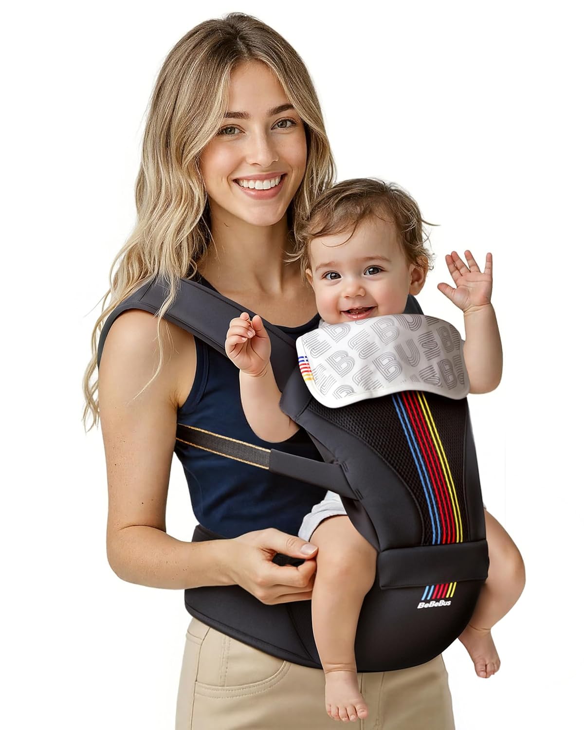 Baby Carrier with Hip Seat, BeBeBus 2-in-1 Ergonomic Newborn to Toddler Carrier up to 44 lbs, Detachable Hands-Free for Infant, All Season Forward-Facing Carry, Fits Waist Sizes up to 38 inch (Black)