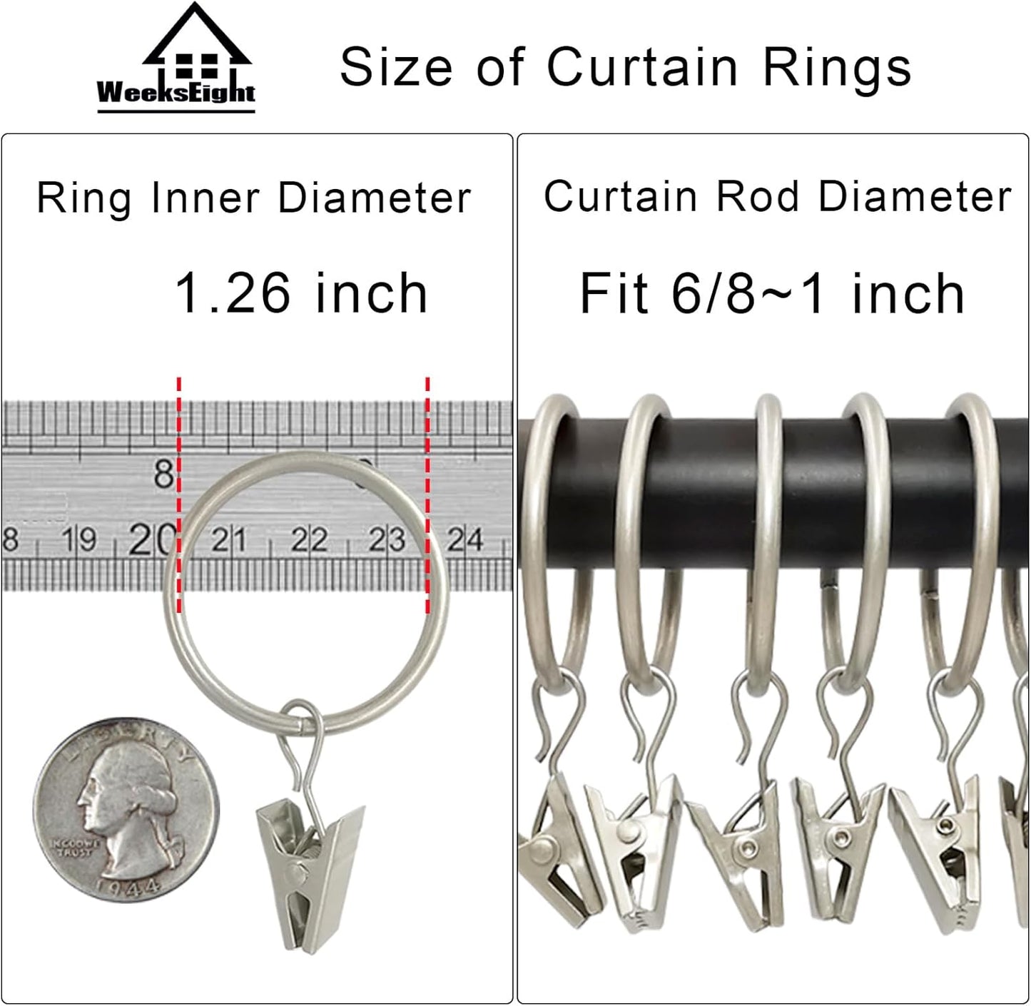 40 Pack Matte Silver Curtain Rings with Clips, Curtain Hooks Hangers Clip Rings for Hanging Drapes Bows Hat, Drapery Rings 1.26 in I D, Fits up to 1 in Diameter Curtain Rod.