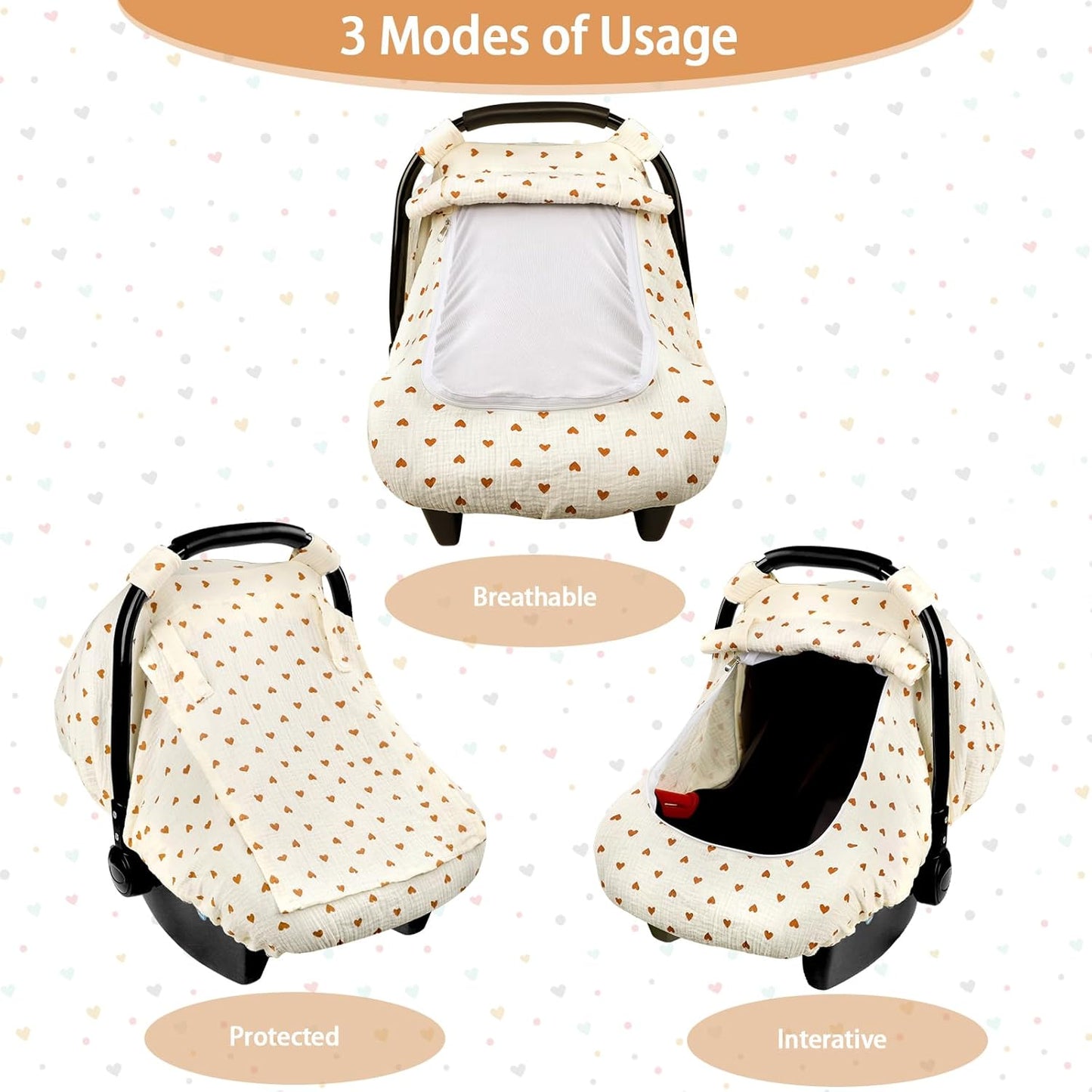 Hooyax Muslin Car Seat Cover Baby, Summer Car Seat Covers for Babies, Infants, and Newborns, Ultra Soft Breathable Universal Fit Stroller Carseat Canopy Covers for Boys Girls (Heart)