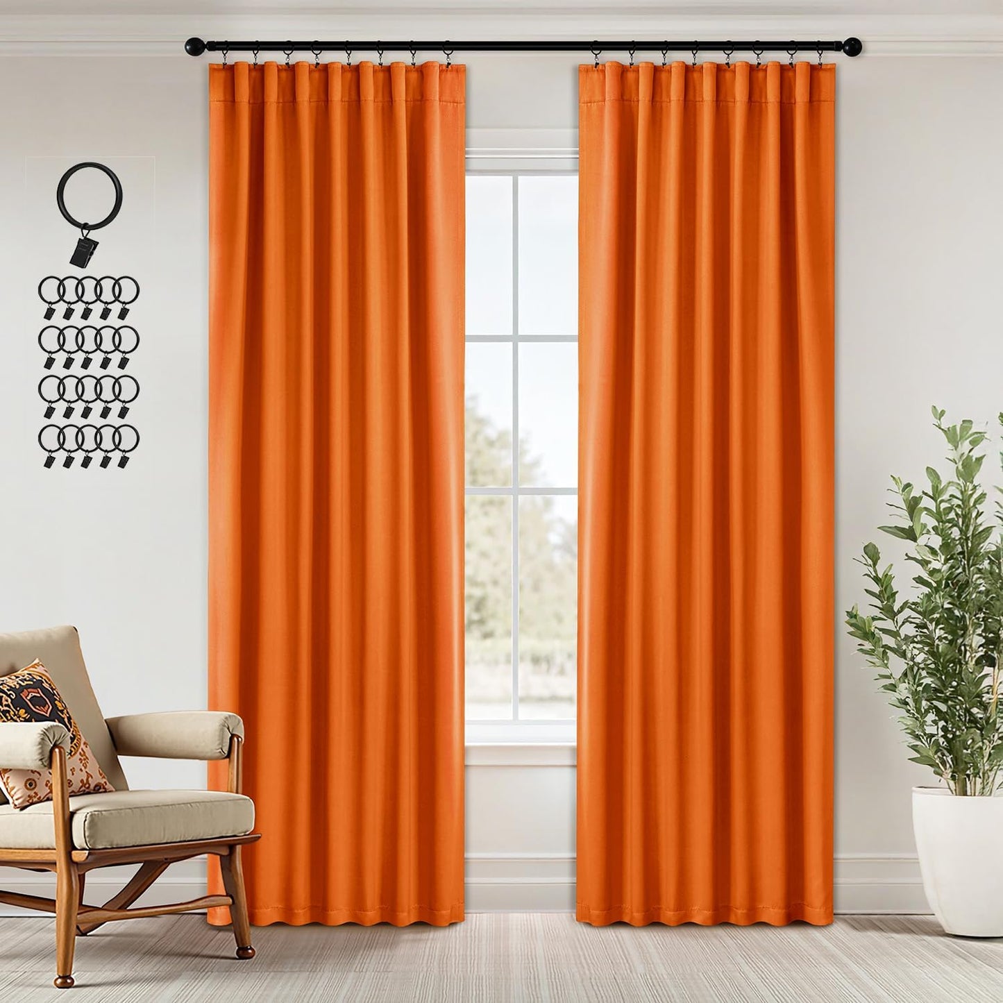 ANRODUO Back Tab Blackout Curtains for Bedroom Living Room, Rod Pocket Pinch Pleated Thermal Insulated Room Darkening Curtains 90 Inches Long 2 Panels, Orange, 42 x 90 Inch