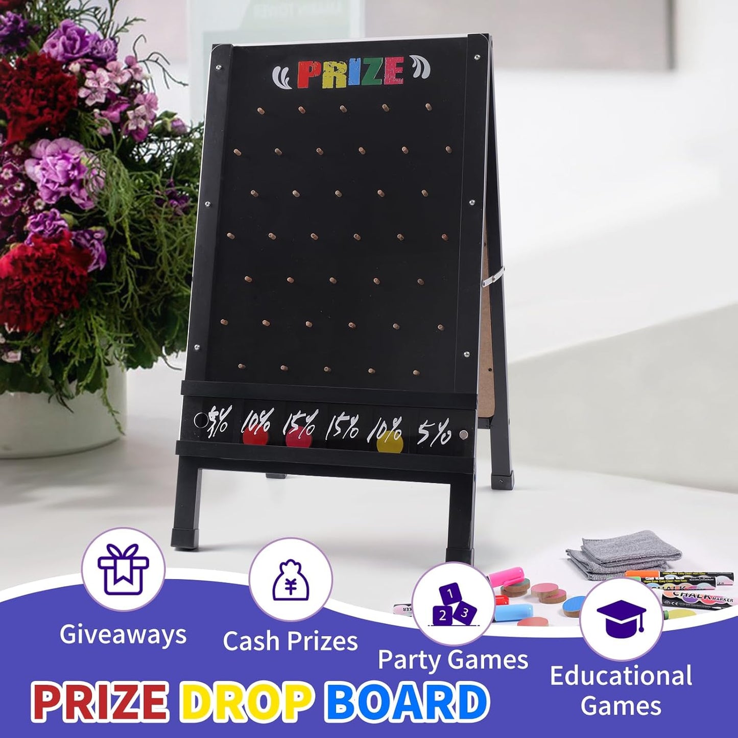 Prize Drop Game Board, 15.7"X27.5" Double-Sided Foldable Design with Wooden A-Frame Chalkboard Sign for Family, Carnival, Trade Show & Party-Includes 10 Coin Drop Discs and Chalk Set, Portable Design